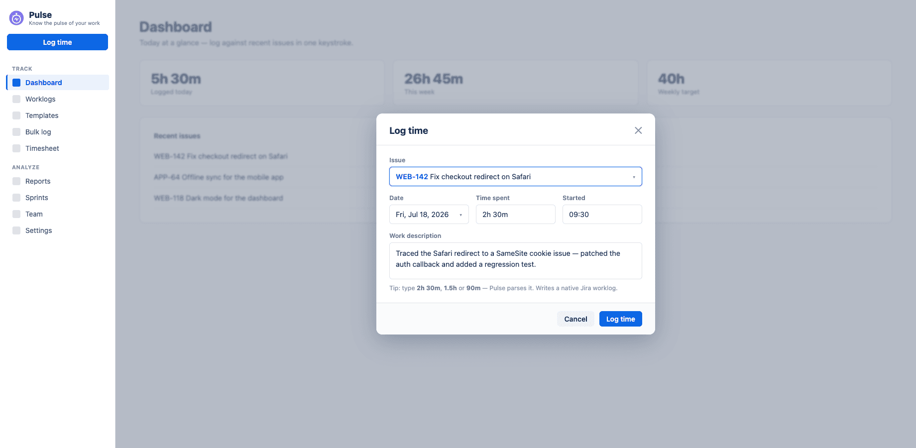 Pulse for Jira — Log time
