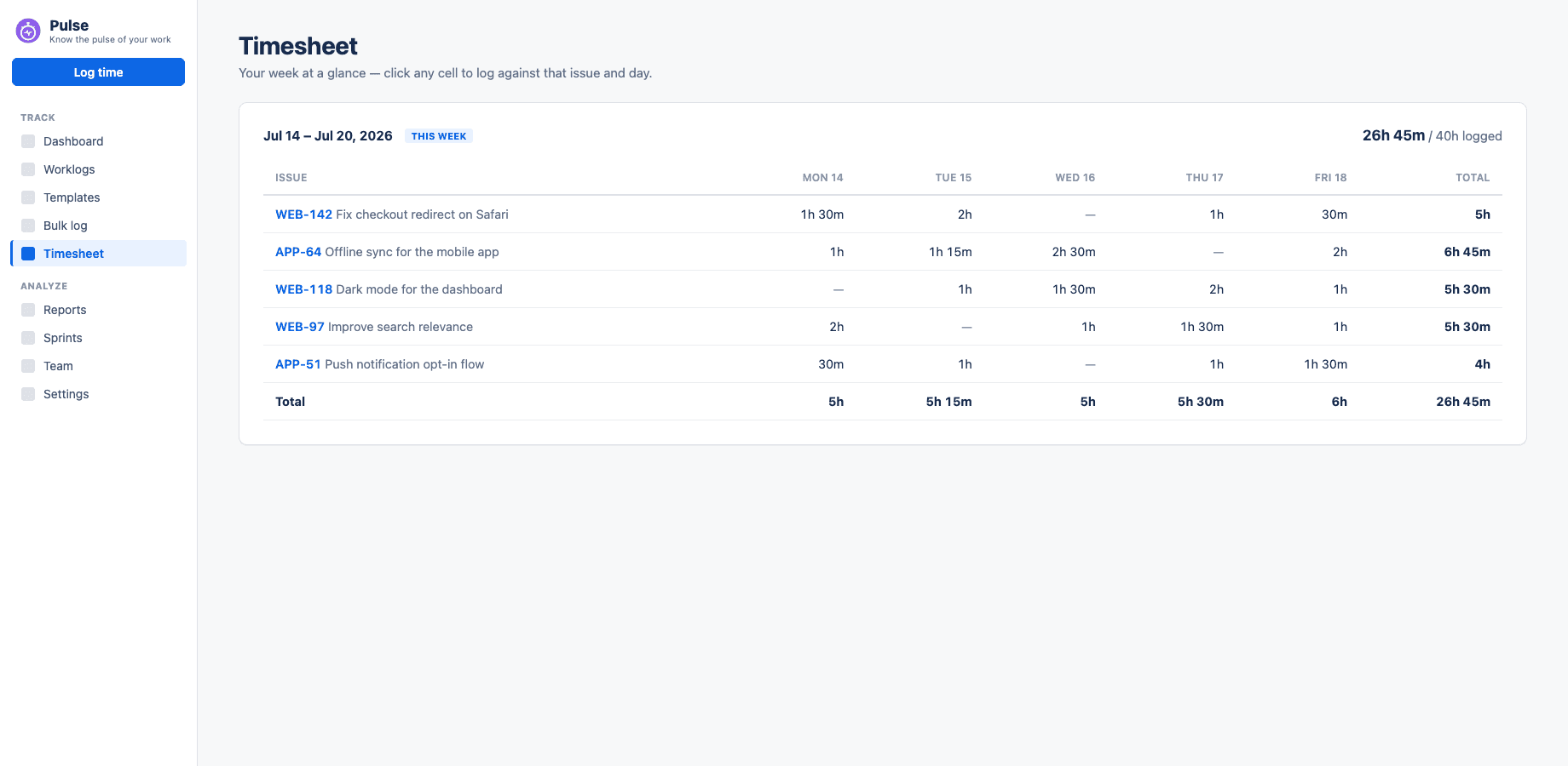 Pulse for Jira — Timesheet